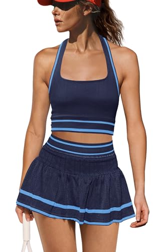Yanekop Womens Tennis Skirt Set - 2 Piece Workout Golf Outfit Navy Blue Small