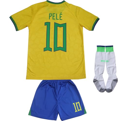 Youth Soccer Jersey Shorts & Socks Set Vintage Brazil #10 Yellow 28