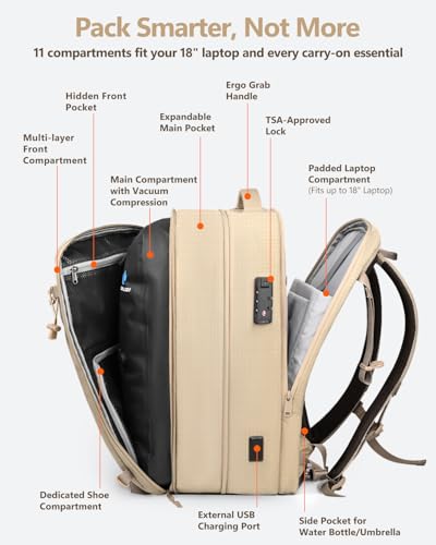 Beige 40-60L Vacuum Travel Backpack with Removable Hip Belt & Pump - Zurligi 60L Expandable Carry-On