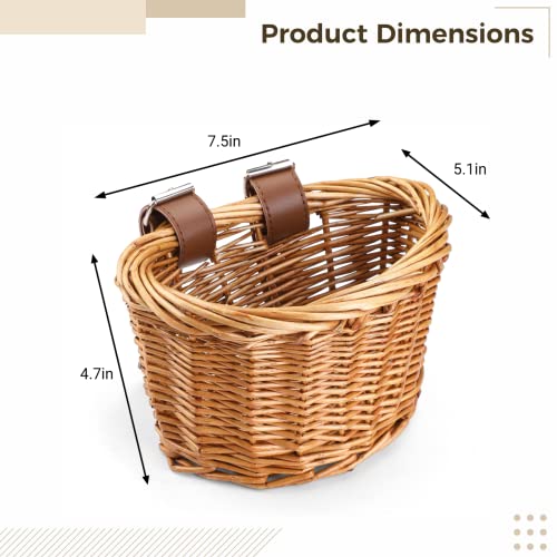 Kids Bike Basket with Adjustable PU Belts - Handmade Woven Rattan, Brown