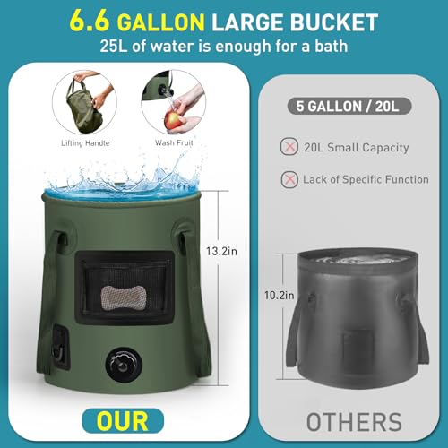 Portable Camping Shower with LED Lights & Foldable Bucket - Blue Pump