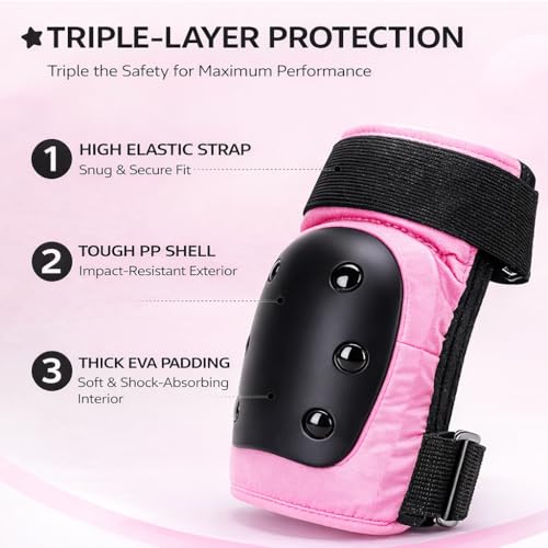 Adult Pink Knee and Elbow Pads Set with Wrist Guards - Large (110–143 lb)