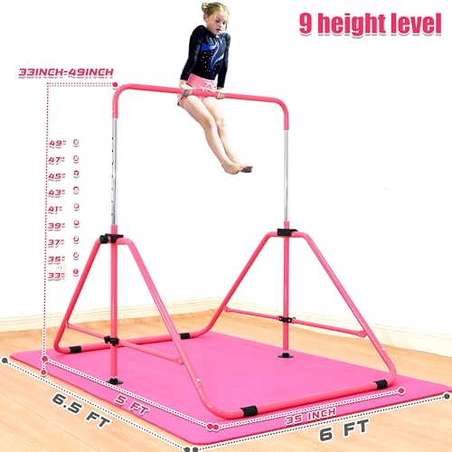 MARFULA Foldable Kids Gymnastics Bar - Adjustable Kip Bar with Mat, Pink for Ages 3-12