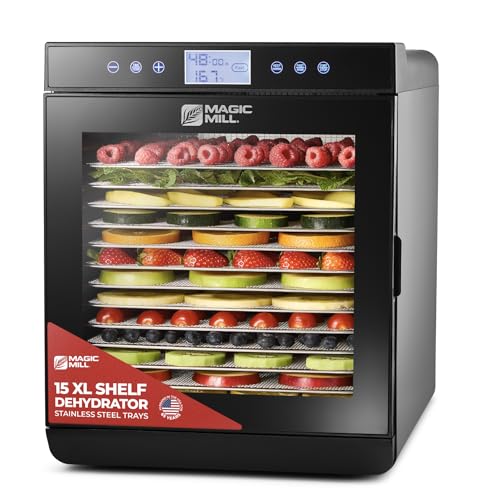 Magic Mill Premium Food Dehydrator with Black 15 XL Stainless Steel Trays, 800W Digital Timer
