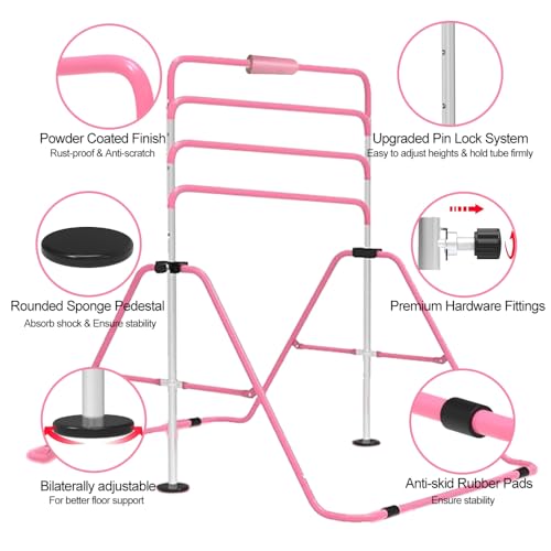 Kids Folding Adjustable Gymnastics Bar - Pink with Mat, Safe & Stable