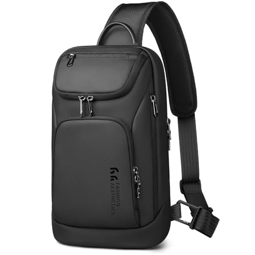 Men's Water-Resistant Sling Bag - Black, Compact Crossbody for Daily Use
