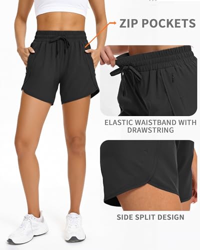 Women's 5 Inch Inseam Athletic Running Shorts with Zip Pockets - Medium Black