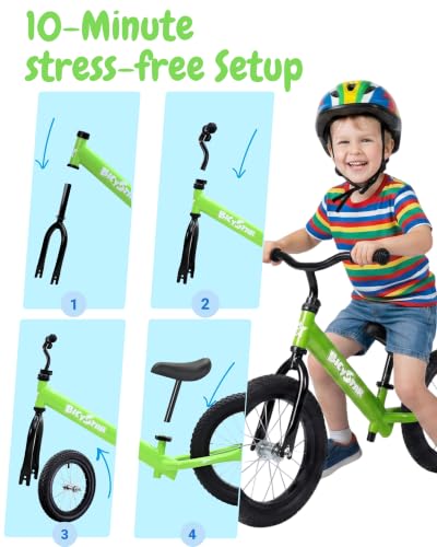 Bicystar 16 Inch Kids Balance Bike with Air Rubber Tires - Green / 14 Inch