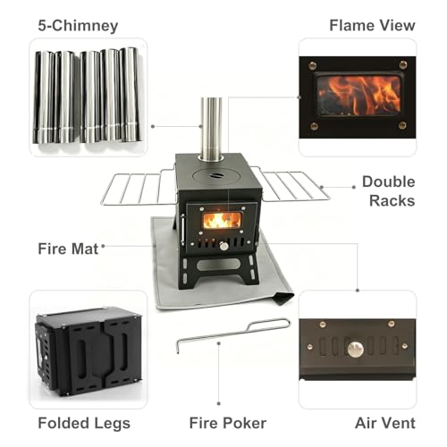 Steladomus Portable Camping Wood Stove with Fire Mat & Chimney Pipes – Compact Tent Heater Kit for Backpacking, RV, Ice Fishing
