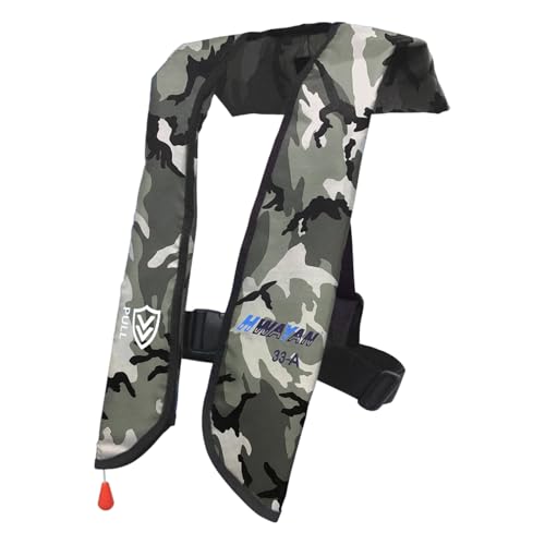 HWAYAN White Camouflage Inflatable Life Jacket for Adults - Rapid Auto/Manual Inflation, 150N Buoyancy, Safety Accessories