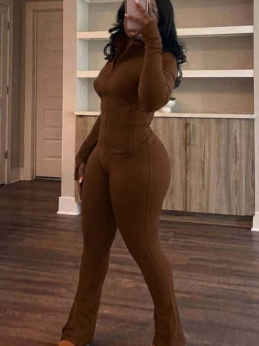 Women’s 2 Piece Tracksuit Set with Long Sleeve Zip-Up Jacket & Leggings - Large, Chocolate Brown