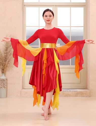 IDOPIP Metallic Praise Dance Dress for Women - Medium Red Asymmetric Ruffle Overlay Worship Costume
