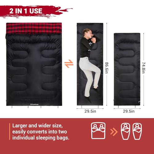 KingCamp Black Double Sleeping Bag for Adults, Queen Size 2 Person, Detachable for Couples or Solo Camping