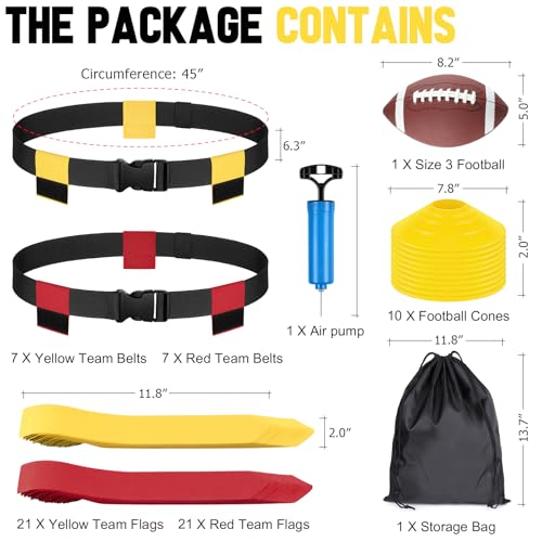 Flag Football Set for 14/20 Players - Adjustable Belts, Cones, Football, Pump, Bag - Youth & Adult Training Kit - Red Yellow Black Pump