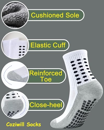 Kids Grip Soccer Socks Boys Girls Non Slip Athletic Crew Socks 10-12 Years - White, 6 Pairs