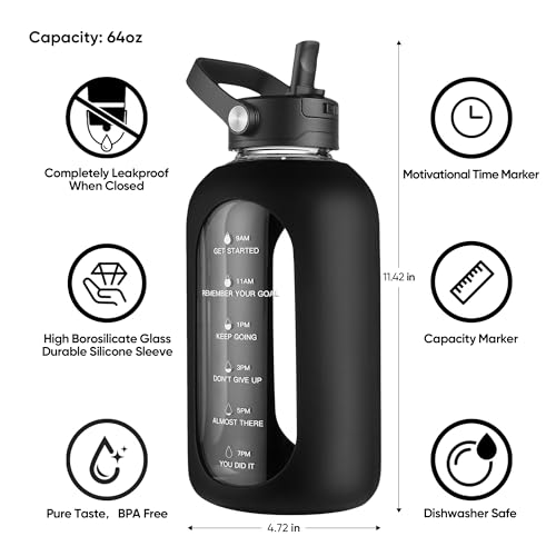 Navy Blue 64 oz Glass Water Bottle with Detachable Straw & Time Marker