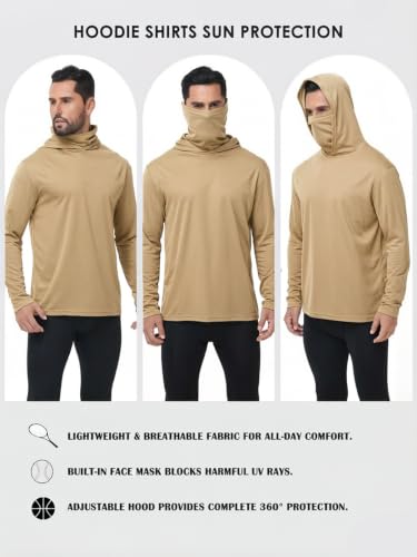 Men's Sun Protection Lightweight Quick Dry Rash Guard Hoodie Set - Large, 5 Pack with Face Mask for Outdoor Fishing