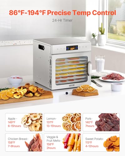 Food Dehydrator Machine with 8 Stainless Steel Trays - 400W Adjustable Temp & Timer