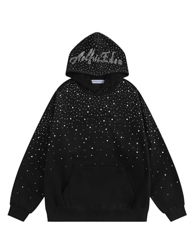 Large Rhinestone Hooded Sweatshirt for Men & Women - Black Diamond Casual Streetwear