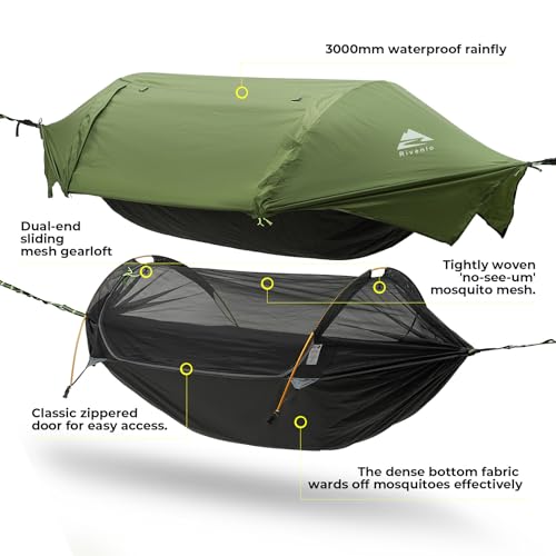 Rivenlo Green Camping Hammock Tent with Mosquito Net & Rainfly – 3-in-1 Lightweight Waterproof Outdoor Gear