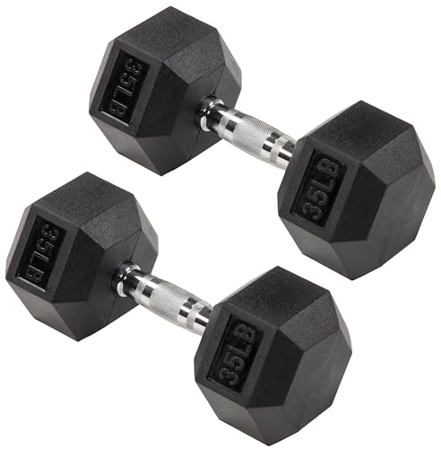 35 lbs Pair Rubber-Coated Hex Dumbbells - Signature Fitness Hand Weights for Home Gym