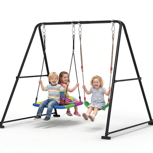 COZEER 2-in-1 Backyard Swing Set with Platform & Belt Swings, Black, Supports 440 lbs