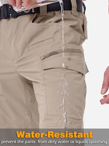Men's Stretch Ripstop Tactical Cargo Pants - Water-Resistant Hiking Work Pants, 32W x 32L Khaki