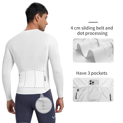 Men's Long Sleeve Cycling Jersey with Pockets - White, Large, UPF 50+