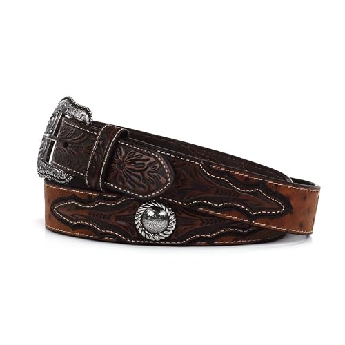 ARIAT Men's Faux Ostrich Leather Belt with Floral Emboss and Silver Conchos - Brown 32