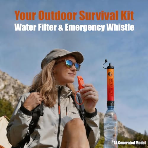 Personal Water Filter Straw with Emergency Whistle - 5-Pack Orange