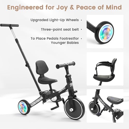 Black 5-in-1 Convertible Toddler Tricycle with Push Handle & Light-Up Wheels