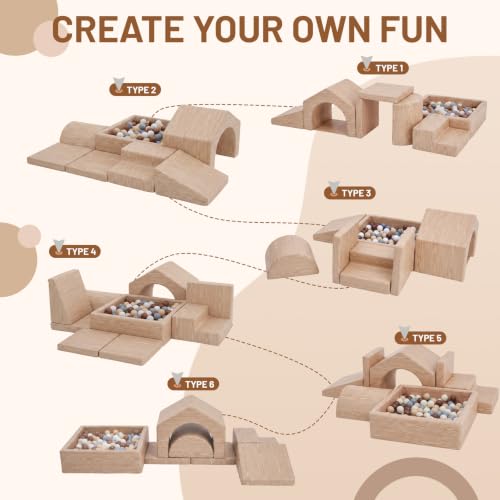 JungleDove Light Wood Montessori Foam Climbing Blocks Set for Toddlers, 7-Piece Indoor Play Gym