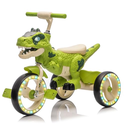 Kids Dinosaur Tricycle for 3-6 Year Olds with LED Flash Wheels & Storage Basket - Green