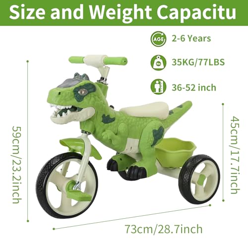 VIZZTY Dinosaur Kids Tricycle with Music & Storage Basket - Green, 3-7 Years