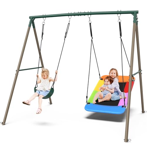 Hapfan Metal Kids Swing Set with Double Tree Swings for Backyard Play