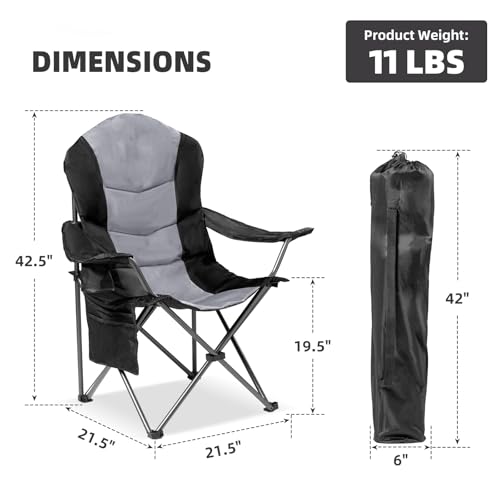 Foristrail 2-Pack Heavy Duty Folding Camping Chairs with Lumbar Support & Cup Holders, Black & Light Gray