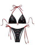 Women's 2-Piece Cherry Print Bikini Set - Side Tie Halter, Medium / Black & Red