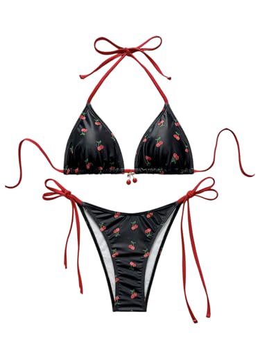 Women's 2-Piece Cherry Print Bikini Set - Side Tie Halter, Medium / Black & Red