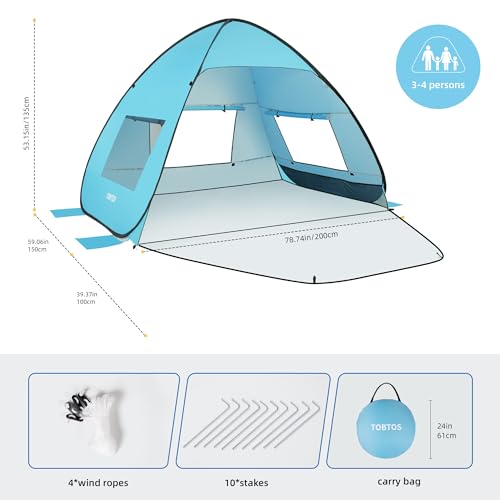 Blue Pop Up Beach Tent with UV Protection for 3-4 People - UPF 50+ Sun Shelter