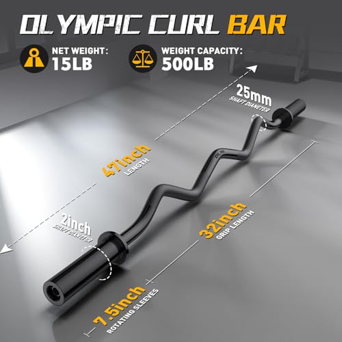 DILANL Olympic EZ Curl Barbell Bar - 47 Inch Black Weightlifting Bar