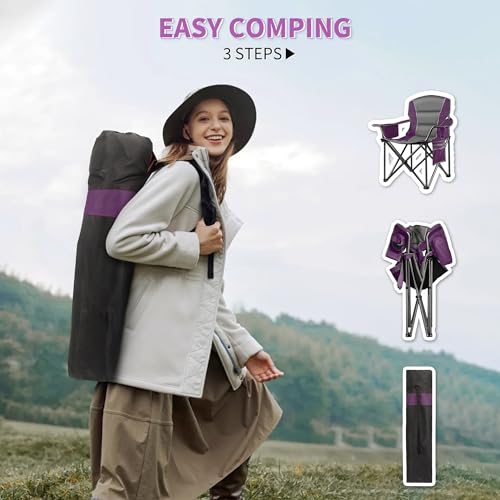 Purple & Black 2 Pack Padded Camping Chairs with Cooler Bag & Cup Holder - Heavy Duty Support 400 lbs