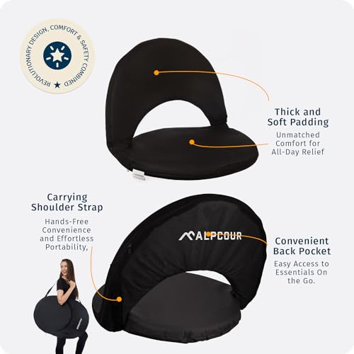 Alpcour Black Folding Stadium Seat with 6-Position Recline & Extra Padding
