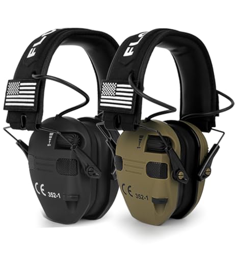 Floriogra 2 Pack Electronic Shooting Ear Protection with 5X Sound Amplification, NRR 26dB, Black & Brown
