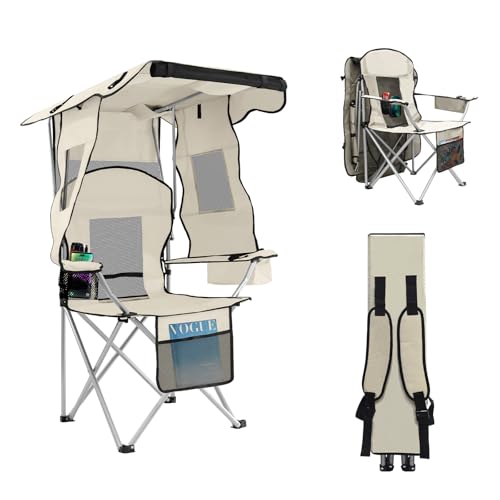 ptlsy White Portable Folding Camping Chair with Canopy Shade for Adults