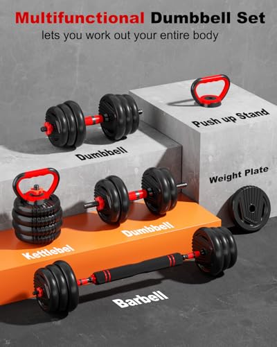 UNNMIIY Adjustable 45LB Dumbbell Set with Multi-Function Weights & Barbell, Kettlebell, Push-up Stand