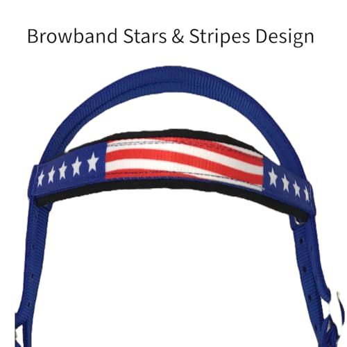Patriotic American Flag Horse Tack Set - Full Size Double Layer Nylon Headstall Reins & Breast Collar with Fringes - Red, White, Blue