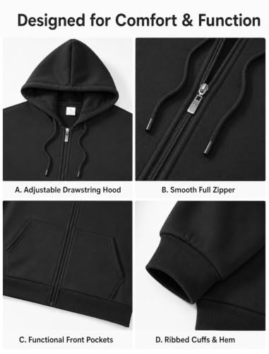 Men's Full Zip Fleece Hoodie Sweatshirt - Large Black