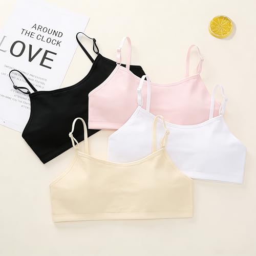 Girls' Training Cotton Sports Bra with Adjustable Spaghetti Straps - Pink, Skin, White, Black, 9-12 Years