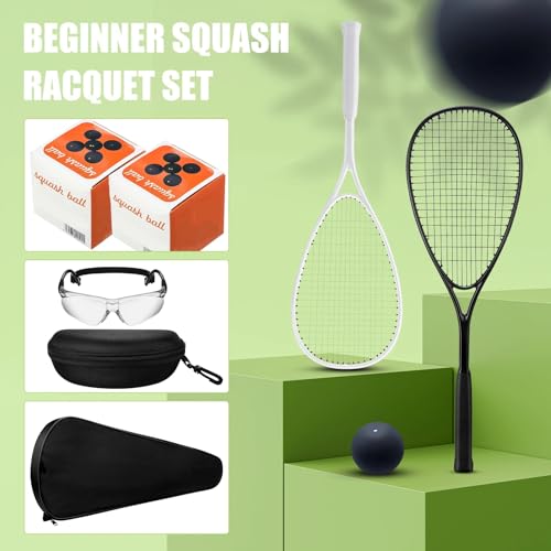 Seenelling 2 Pack Beginner Squash Rackets Set Black & White with Safety Goggles & Balls