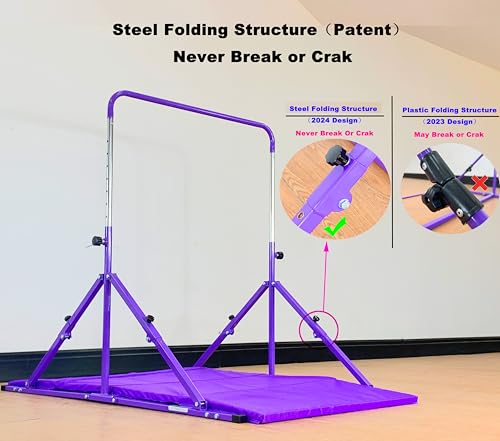 MARFULA Foldable Gymnastics Bar with Mat, 9-Height Levels, 200 lbs Capacity, 5 ft Indoor Outdoor Gym Equipment (Purple, with Mat)